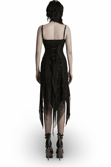Black Lace Dress with Asymmetrical Hem and Metal Eyelets